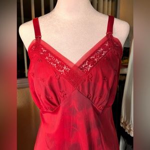 Vintage Red Slip Charcoal Tie Dyed! Embroidered Tiny Flowers. Mid Length. S/M